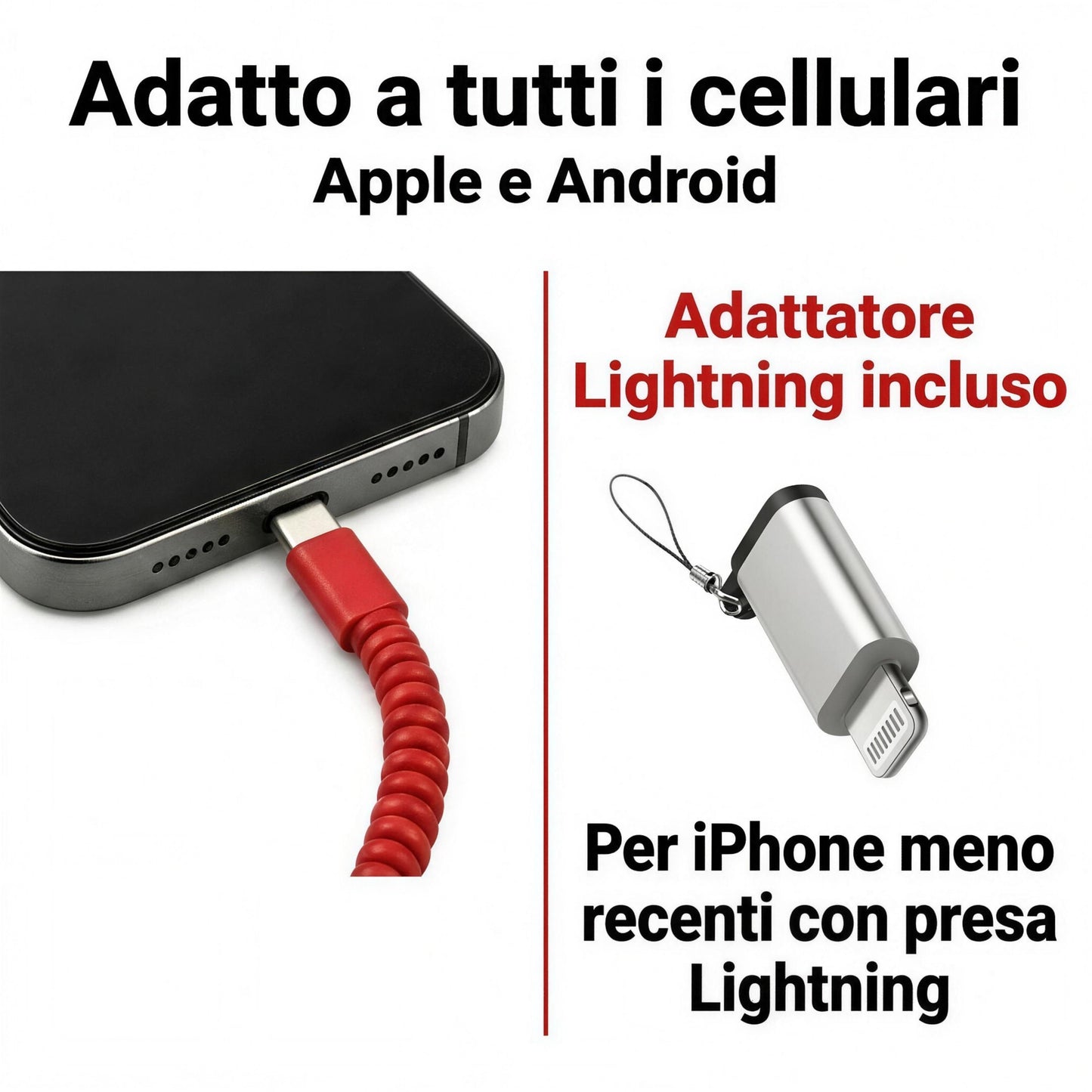Adatto a tutti i cellulari Apple e Android: cavo USB-C con adattatore Lightning incluso per iPhone meno recenti